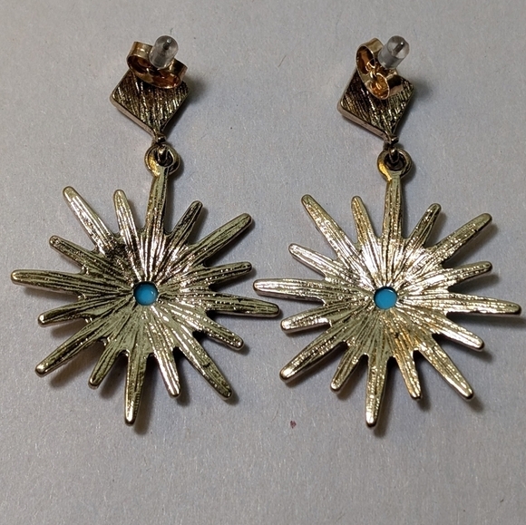 14K Yellow Gold Plated Turquoise & Swarovski Crystal Starburst Earrings - Picture 4 of 4